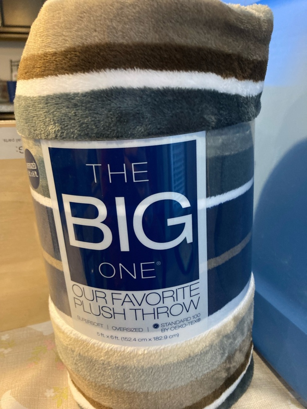 The Big One Plush Throw Blanket - Gray, Brown, Cream Stripes 5x6 Feet New